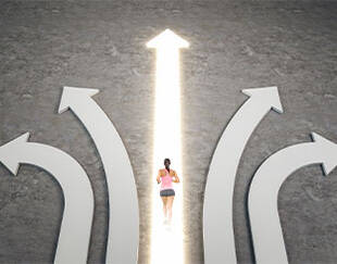 Person running toward a glowing upward arrow path, with other curved arrows diverging to the sides, symbolizing a choice of clear direction amid options