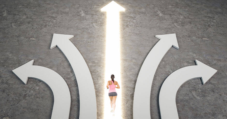 Person running toward a glowing upward arrow path, with other curved arrows diverging to the sides, symbolizing a choice of clear direction amid options