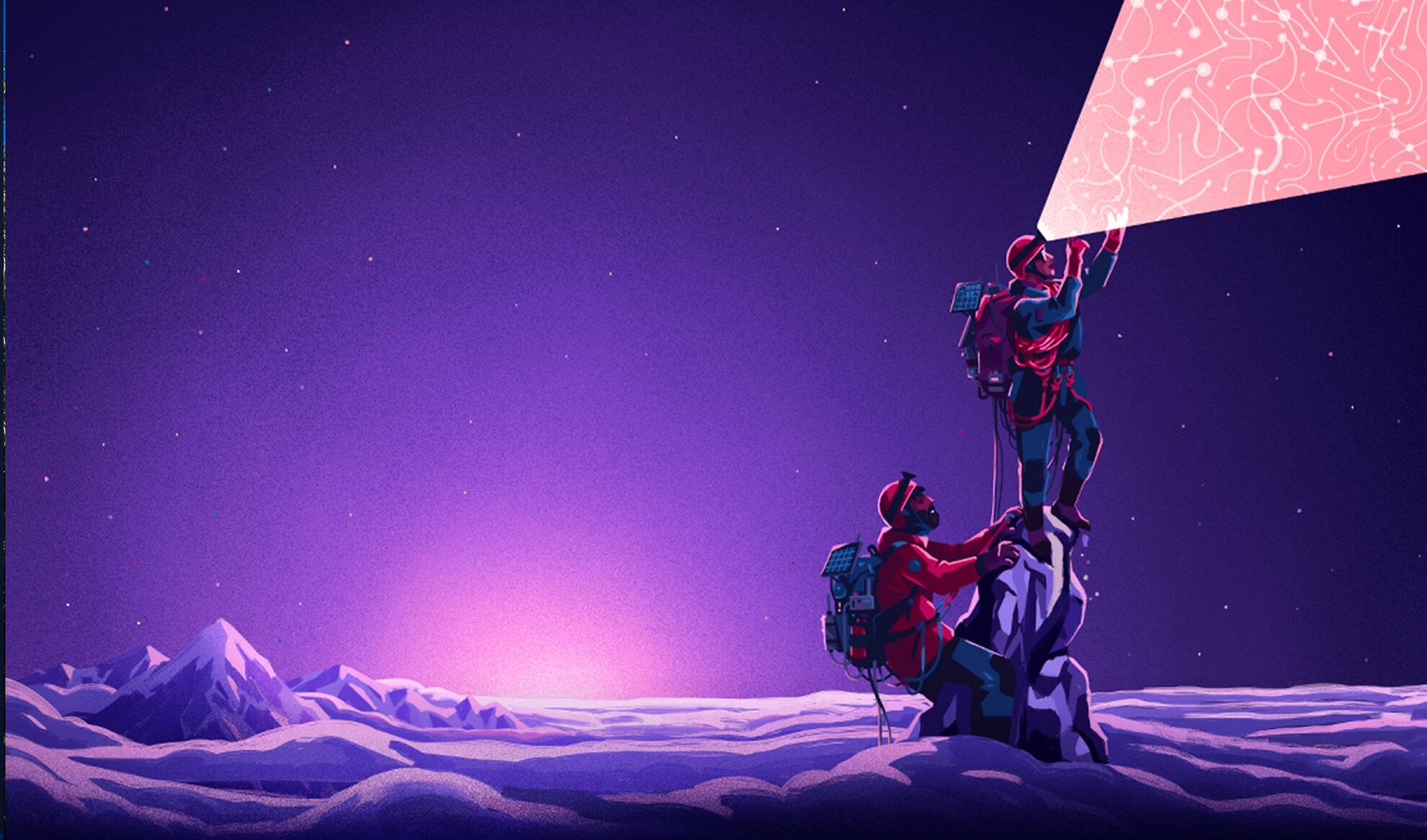 Illustration of two climbers on a snowy mountain under a starry sky, with one climber projecting a beam of interconnected data patterns into the sky, symbolizing the exploration and discovery of AI knowledge.